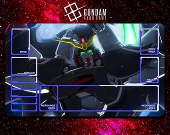May include: A rectangular Gundam card game playmat featuring a detailed illustration of a Gundam robot in shades of black, gray, and red. The playmat has designated areas labeled for base, shields, deck area, trash, resource deck, and resource area. The Gundam Card Game logo is at the top.