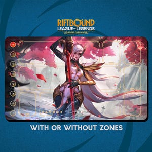 May include: A rectangular playmat for the League of Legends trading card game. The mat features a female character with a sword, set against a backdrop of cherry blossoms. The text "RIFTBOUND LEAGUE OF LEGENDS TRADING CARD GAME" is at the top, and "WITH OR WITHOUT ZONES" at the bottom.