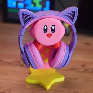 Soporte para auriculares estilo Kirby, decoración de sala de juegos, configuración de jugador, configuración de escritorio acogedor, linda configuración de jugador kawaii