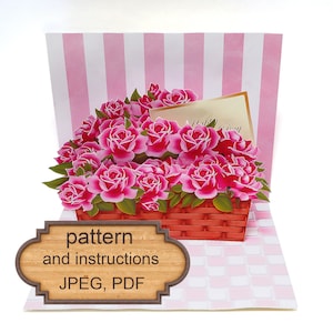 Plantilla de tarjeta desplegable DIY - Cesta de rosas / Cumpleaños y Día de la Madre