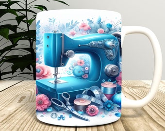 3D Floral Sewing Machine Mug Wrap PNG Sublimation, 15 and 11 oz 3D Sewing Machine, Digital Download