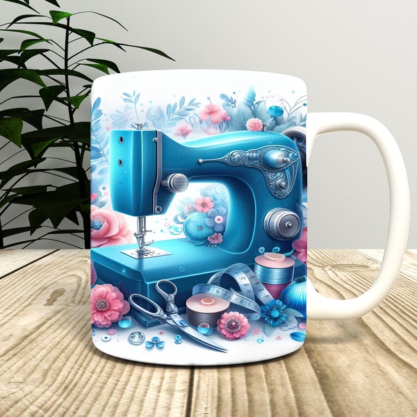 3D Floral Sewing Machine Mug Wrap PNG Sublimation, 15 and 11 oz 3D Sewing Machine, Digital Download