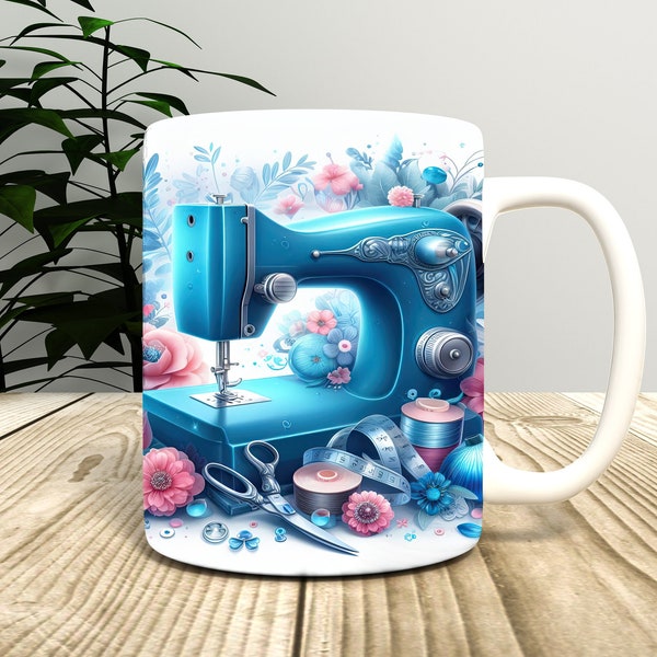 3D Floral Naaimachine Mok Wrap PNG Sublimatie, 15 en 11 oz 3D Naaimachine, Digitale Download