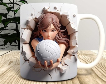 3D Volleyball Crack Wall Mug Wrap, Sublimation Design PNG, 11oz and 15oz Coffee Cup Template, Lady Volleyball Mug, Digital png file