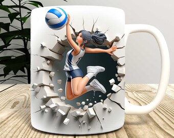 3D Lady Volleyball Crack Wall Mug Wrap, Sublimation Design PNG, 11oz and 15oz Coffee Cup Template, Lady Volleyball Mug, Digital png file