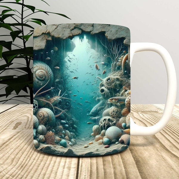 3D Undersea Landscape Cracked Mug Wrap PNG Sublimation, 11 Oz Mug, 3D Blue Sea, Digital File,  Animal Png, 15 Oz Mug Wrap