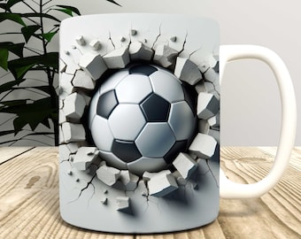 3D Soccer Ball in a Hole Mug Wrap Sublimation Design PNG, 11oz and 15oz ,Coffee Cup Template,