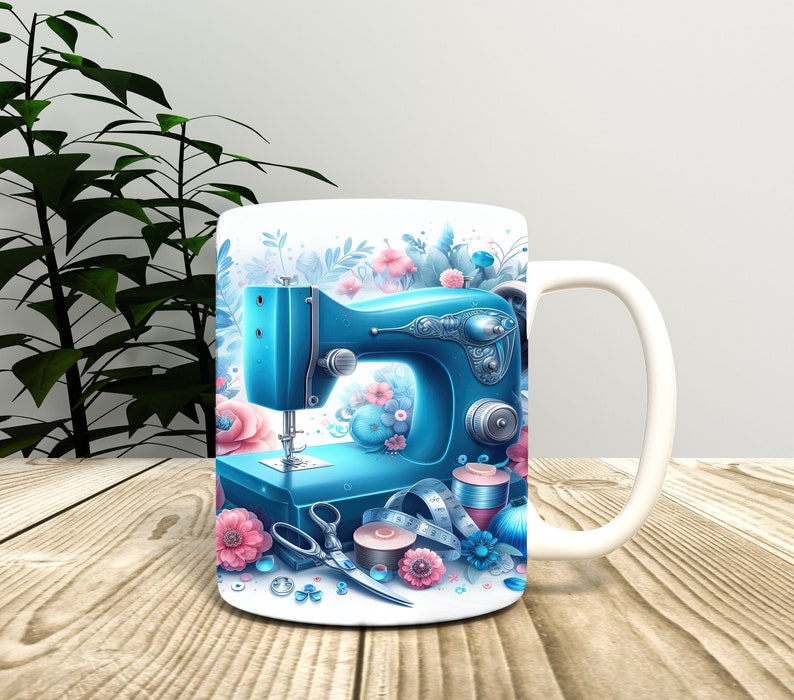 3D Floral Sewing Machine Mug Wrap PNG Sublimation, 15 and 11 oz 3D Sewing Machine, Digital Download image 1