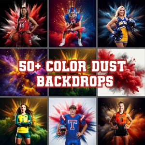 May include: A collage of athletes in various sports, including basketball, football, and cheerleading, set against colorful, exploding dust backdrops. The text "50+ COLOR DUST BACKDROPS" is prominently displayed.