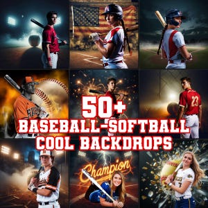 May include: A collage of images featuring baseball and softball players in various poses against different backgrounds. The backgrounds include a baseball field, fireworks, a cracked glass effect, and a field with lights. The text "50+ Baseball-Softball Cool Backdrops" is displayed in the center of the collage.