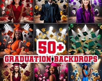 May include: A collage of images featuring graduation backdrops with various colors and themes. The backdrops include confetti, balloons, and graduation caps. The text "50+ GRADUATION BACKDROPS" is displayed in red letters.