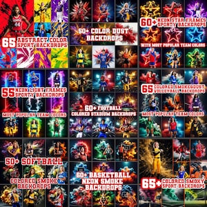 May include: A collection of sports-themed digital backdrops featuring athletes in various sports. The images include neon frames, color dust, and smoky effects. Text includes "Abstract Color Sport Backdrops", "Neon Star Frames Sporty Backdrops", and "Colored Smoky Sport Backdrops".