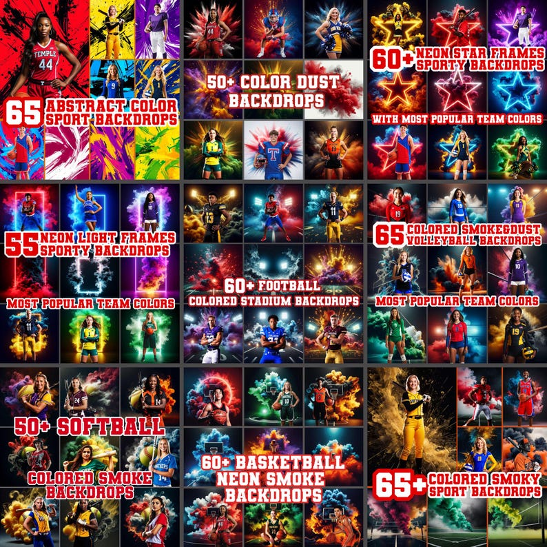 May include: A collection of sports-themed digital backdrops featuring athletes in various sports. The images include neon frames, color dust, and smoky effects. Text includes "Abstract Color Sport Backdrops", "Neon Star Frames Sporty Backdrops", and "Colored Smoky Sport Backdrops".