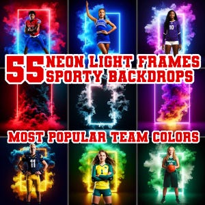 May include: A composite image featuring athletes in various team uniforms, framed by neon light borders and colorful smoke effects. Text reads "55 Neon Light Frames Sporty Backdrops" and "Most Popular Team Colors."