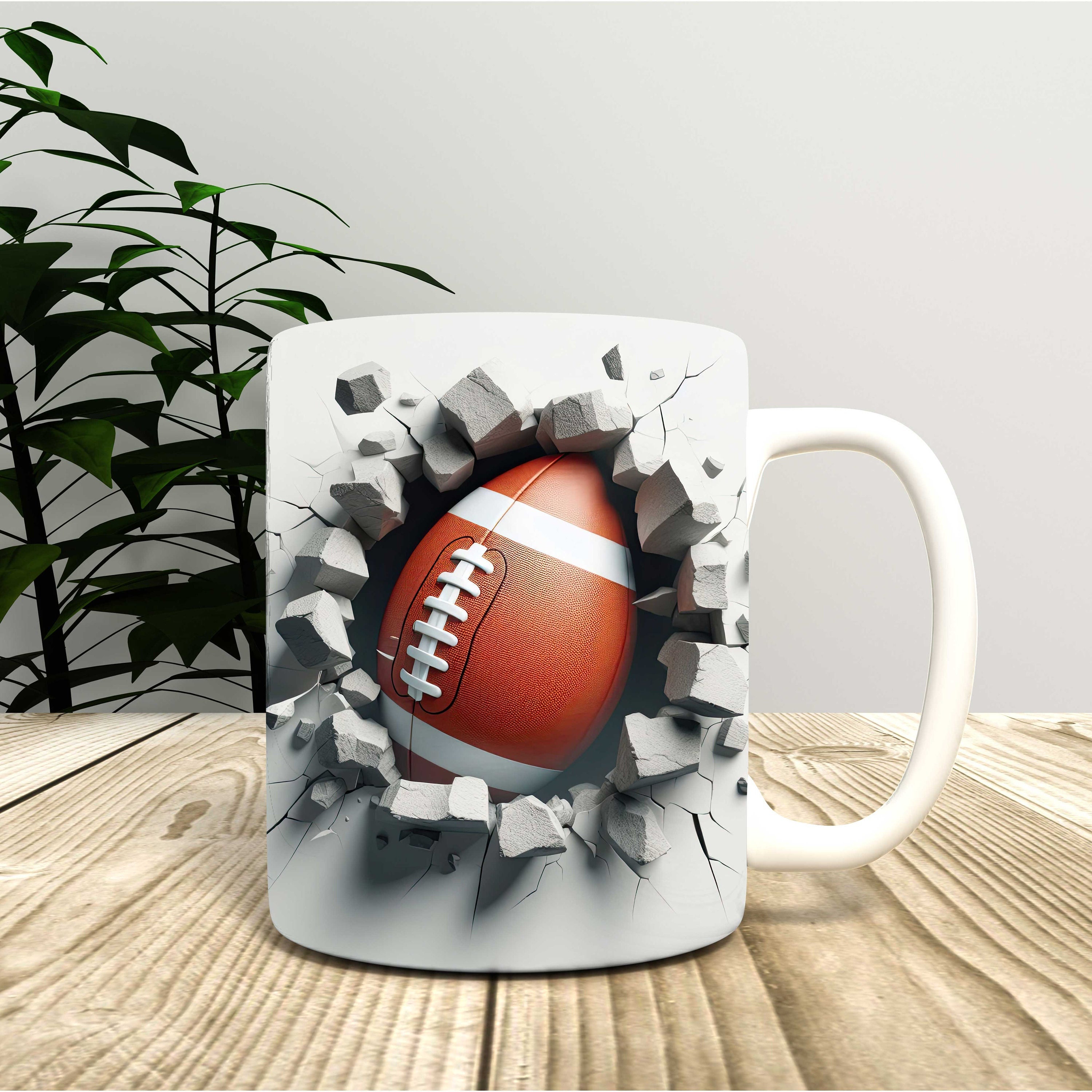 3D Football Cracked Wall Mug Wrap  Sublimation Design PNG, 11oz and 15oz Coffee Cup Template