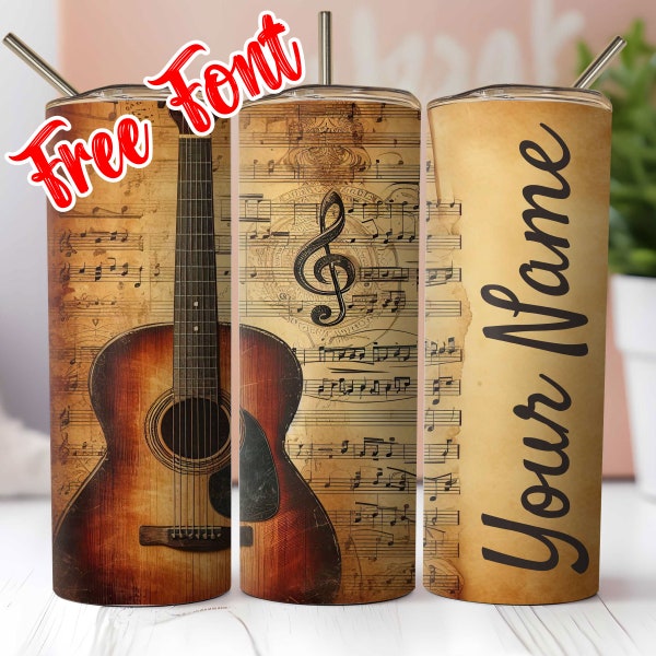 Guitar Tumbler Wrap PNG , Seamless, 20oz Straight Skinny, Sublimation, Your text tumbler, Music Notes, Musician gift