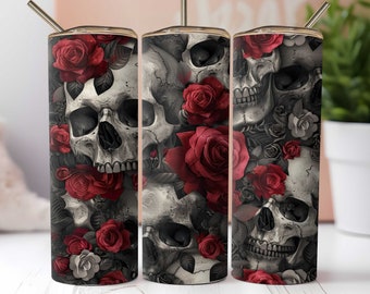 Dark Skull Rose Floral Tumbler PNG Sublimation, 20 Oz Skinny Straight Tumbler, Vintage Horror