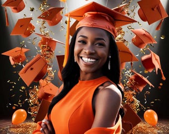May include: A smiling individual wearing an orange graduation cap and a matching orange sleeveless dress. The scene features numerous floating orange graduation caps, orange balloons, and gold confetti against a dark background.