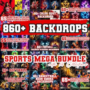 Könnte beinhalten: Werbebild für ein Sport-Mega-Bundle mit über 860 Hintergründen. Das Bild zeigt verschiedene Sportthemen, darunter Basketball, Fußball und Volleyball, mit Neon- und Farbstaubeffekten. Der Text enthält "SPORTS MEGA BUNDLE with 16 Collections."
