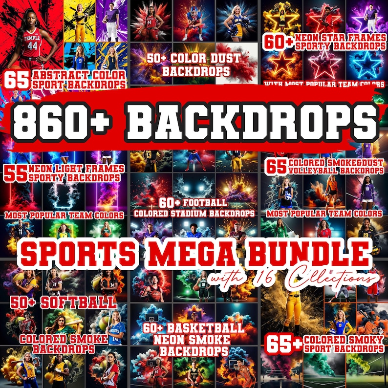 May include: A promotional image showcasing a sports mega bundle with over 860 backdrops. The image features various sports themes, including basketball, football, and volleyball, with neon and color dust effects. Text includes "SPORTS MEGA BUNDLE with 16 Collections."