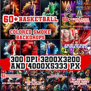 May include: A promotional image featuring various sports-themed backdrops. The image includes text such as "60+ Basketball Colored Smoke Backdrops", "50+ Cheerleader Backdrops", and "300 DPI 3200X3200 and 4000X5333 PX". The image also includes images of basketball players, cheerleaders, and other sports-related graphics.