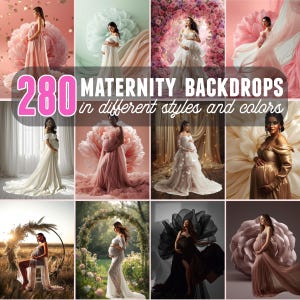 May include: A collection of maternity backdrops showing pregnant people in different gowns and settings. The image includes the text "280 MATERNITY BACKDROPS in different styles and colours". The backdrops showcase diverse styles, including floral arches and studio settings.