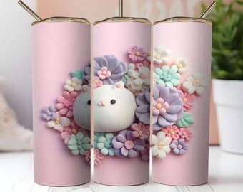 3D Baby Kitten Tumbler Wrap PNG Sublimation, 20 oz Skinny, Cute Design, Straight, Pink Color,Light Pink Tumbler Wrap PNG