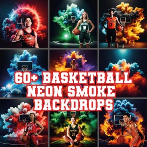 May include: A composite image featuring basketball players with neon smoke backdrops. The image includes the text "60+ BASKETBALL NEON SMOKE BACKDROPS". Players are wearing jerseys with numbers and team names.