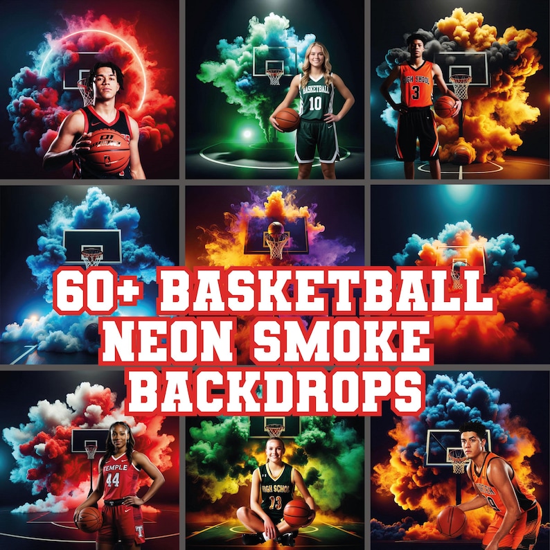 May include: A composite image featuring basketball players with neon smoke backdrops. The image includes the text "60+ BASKETBALL NEON SMOKE BACKDROPS". Players are wearing jerseys with numbers and team names.