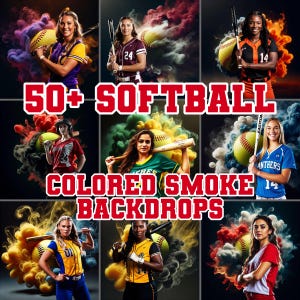 May include: A composite image featuring multiple softball players with bats and softballs, set against colorful smoke backdrops. The text "50+ SOFTBALL COLORED SMOKE BACKDROPS" is prominently displayed in red.