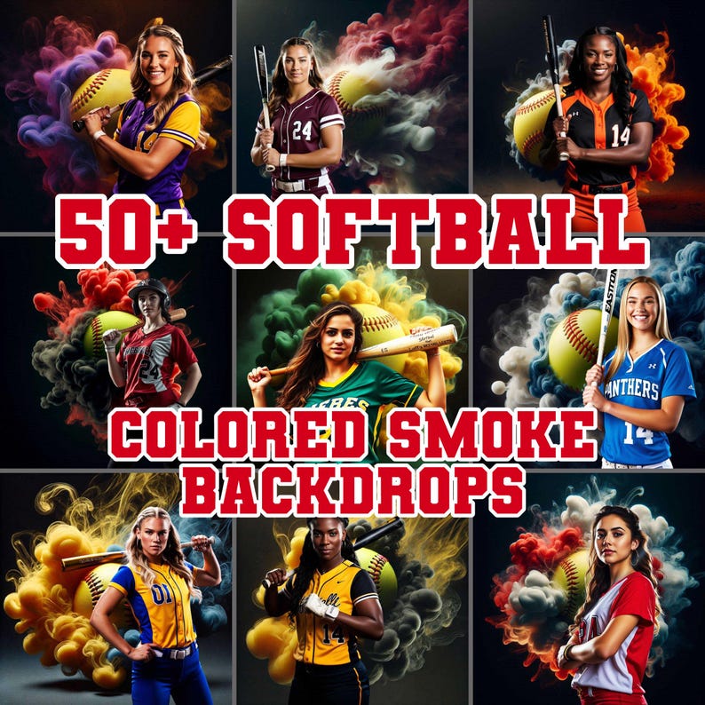 May include: A composite image featuring multiple softball players with bats and softballs, set against colorful smoke backdrops. The text "50+ SOFTBALL COLORED SMOKE BACKDROPS" is prominently displayed in red.