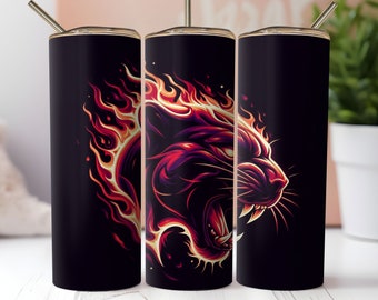 May include: Three black and red stainless steel tumblers with a graphic of a black panther with flames on a black background.