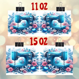 3D Floral Sewing Machine Mug Wrap PNG Sublimation, 15 and 11 oz 3D Sewing Machine, Digital Download image 3