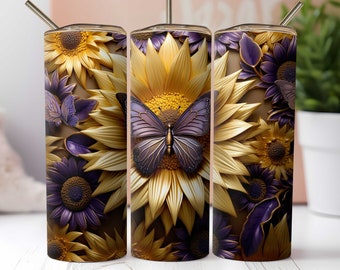 3D Stunned Butterfly Tumbler Wrap PNG Sublimation, 20 Oz Skinny Straight Tumbler, gold sunflower Tumbler Design