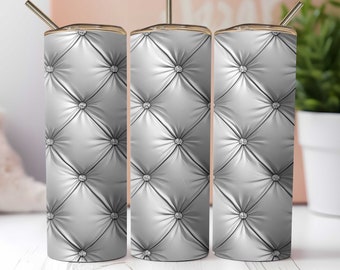 Luxury Leather Puffy Tumbler Wrap PNG , 20oz Straight Skinny, Sublimation, Seamless, Diamond,  Quilted Inflated Pattern, White color