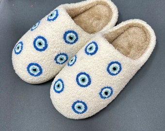 Mini evil eye slippers white fluffy cosy slippers