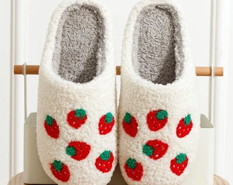 strawberry slippers white fluffy cosy slippers