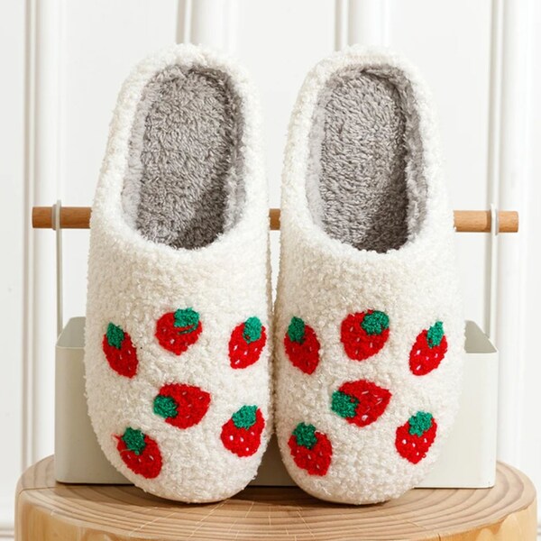 strawberry slippers white fluffy cosy slippers