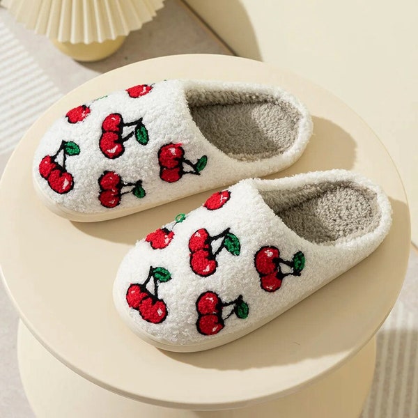 cherry slippers white fluffy cosy slippers