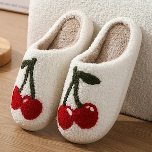 cherry slippers white fluffy cosy slippers image 1