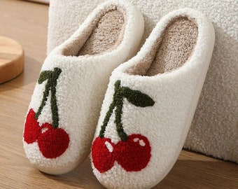 cherry slippers white fluffy cosy slippers