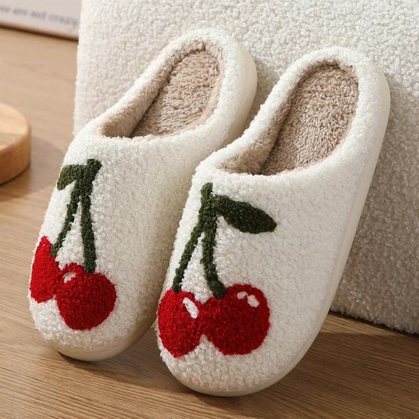 cherry slippers white fluffy cosy slippers