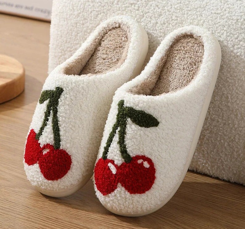 cherry slippers white fluffy cosy slippers image 1