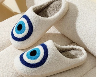 Evil eye slippers white fluffy cosy slippers