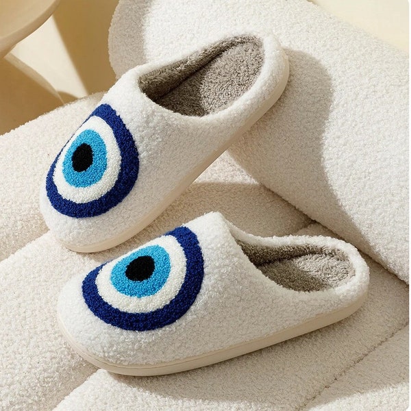 Evil eye slippers white fluffy cosy slippers