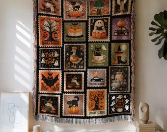 Halloween Retro Knitted Blanket, with Retro Ghost and Kitten Stamps, Unique Halloween Gift, Halloween Decor, Witch Cat and Pumpkin Tapestry.