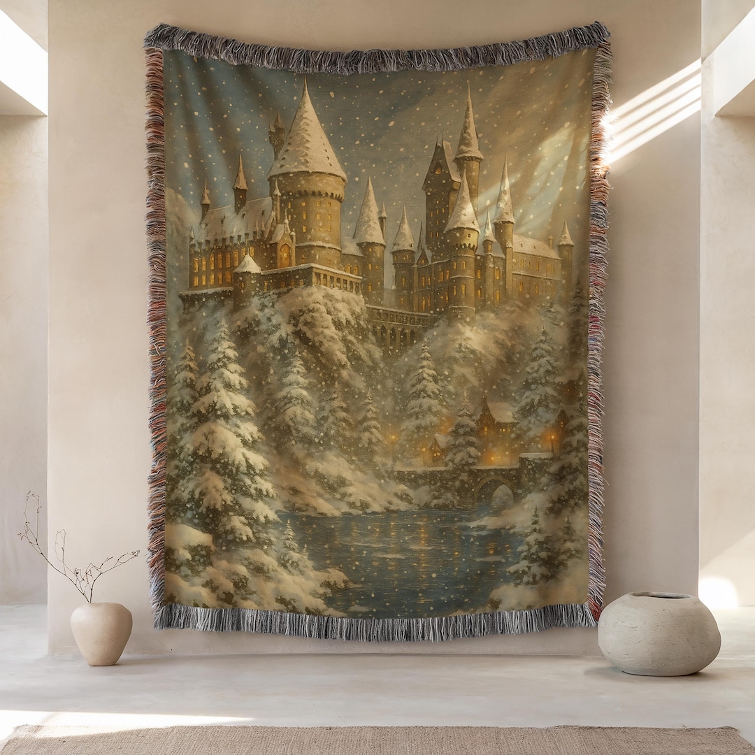 Christmas Wizard Castle Tapestry Woven - Fantasy World Blanket, Magic Potter-Inspired, Home Decor Harry School Gift, Fantasy Bookish Throw