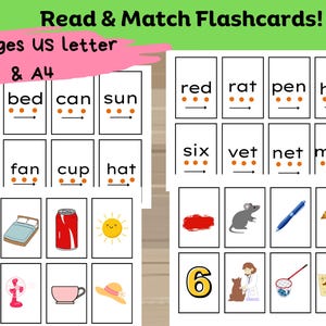Juego de asociación de palabras Tarjetas didácticas de fonética Aprender a leer Educación en casa Imprimible Jardín de infancia Imprimible Preescolar Imprimible Tarjetas didácticas del alfabeto