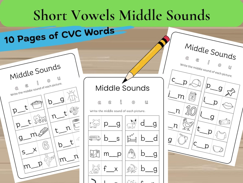 May include: Three black and white worksheets with the title "Middle Sounds" and instructions to write the middle sound of each picture. The worksheets feature various images such as a pot, a bug, a dog, a pig, a bus, a bed, a fox, a cricket, a hat, a jar, a lips, a pin, a number 10, a chicken, a log, a shirt, a cup, and a teacup.