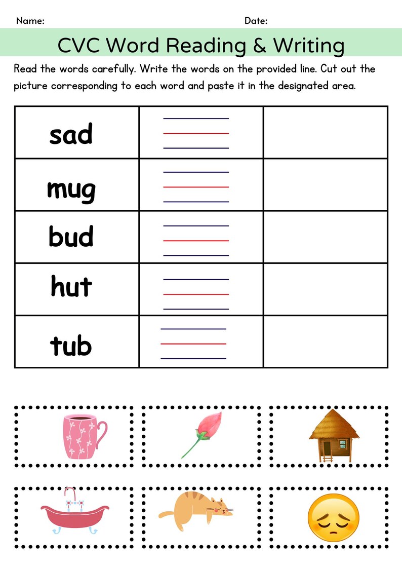 Phonics CVC Words Sheets, Reading and Writing Practice, Kindergarten ...